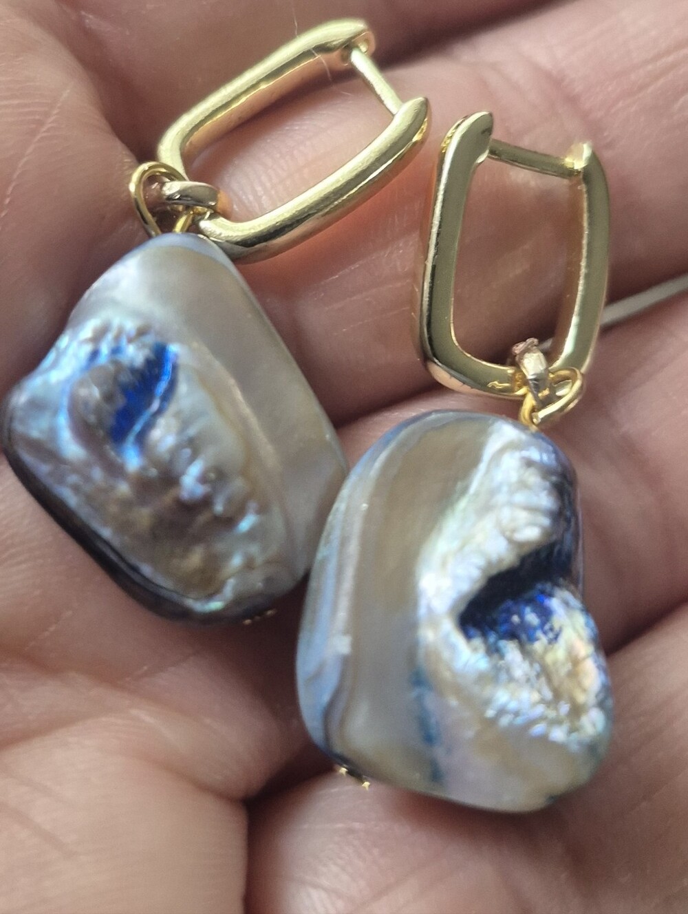 18k Gold Plated Hoop Earrings with Blue Mother Of Pearl Chunkie Drop . New Item - Picture 4 of 5